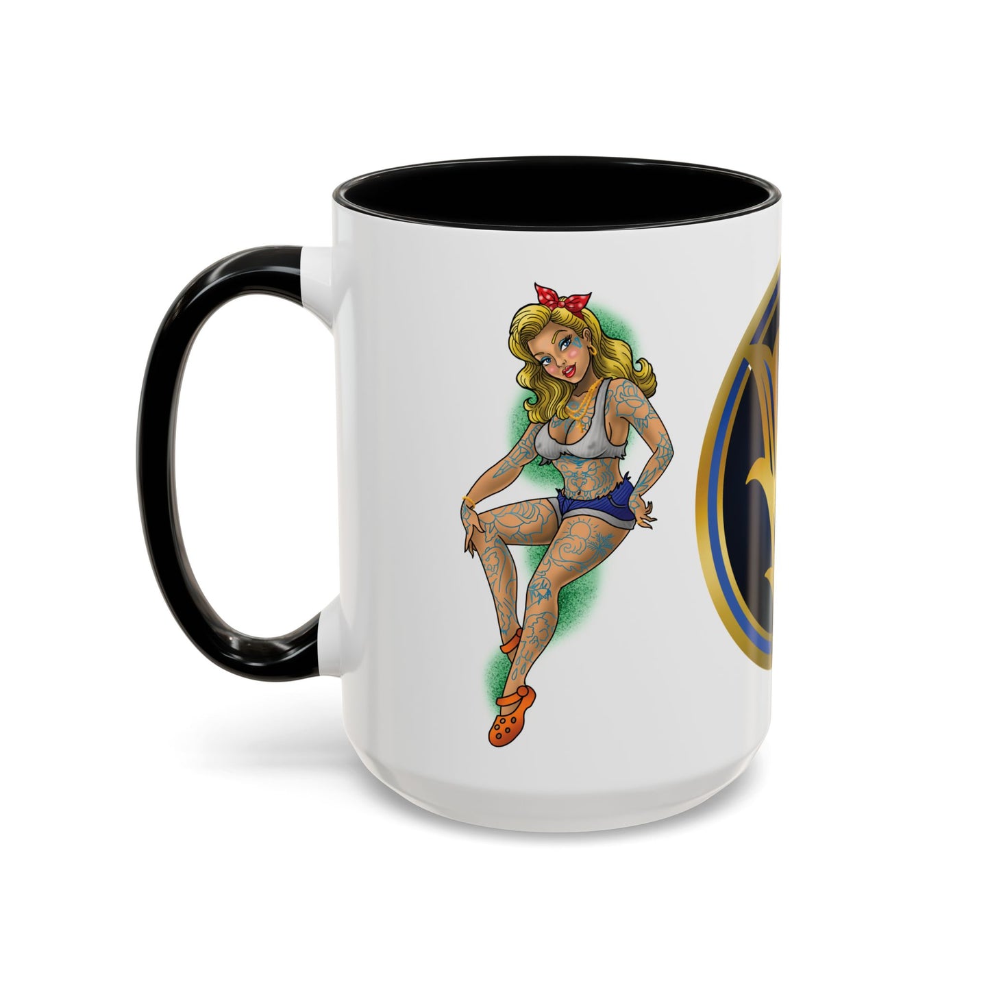 Vintage Pin-Up Coffee Mug with Gold Monogram V — Retro Tattoo Style Accent Mug (11/15oz)