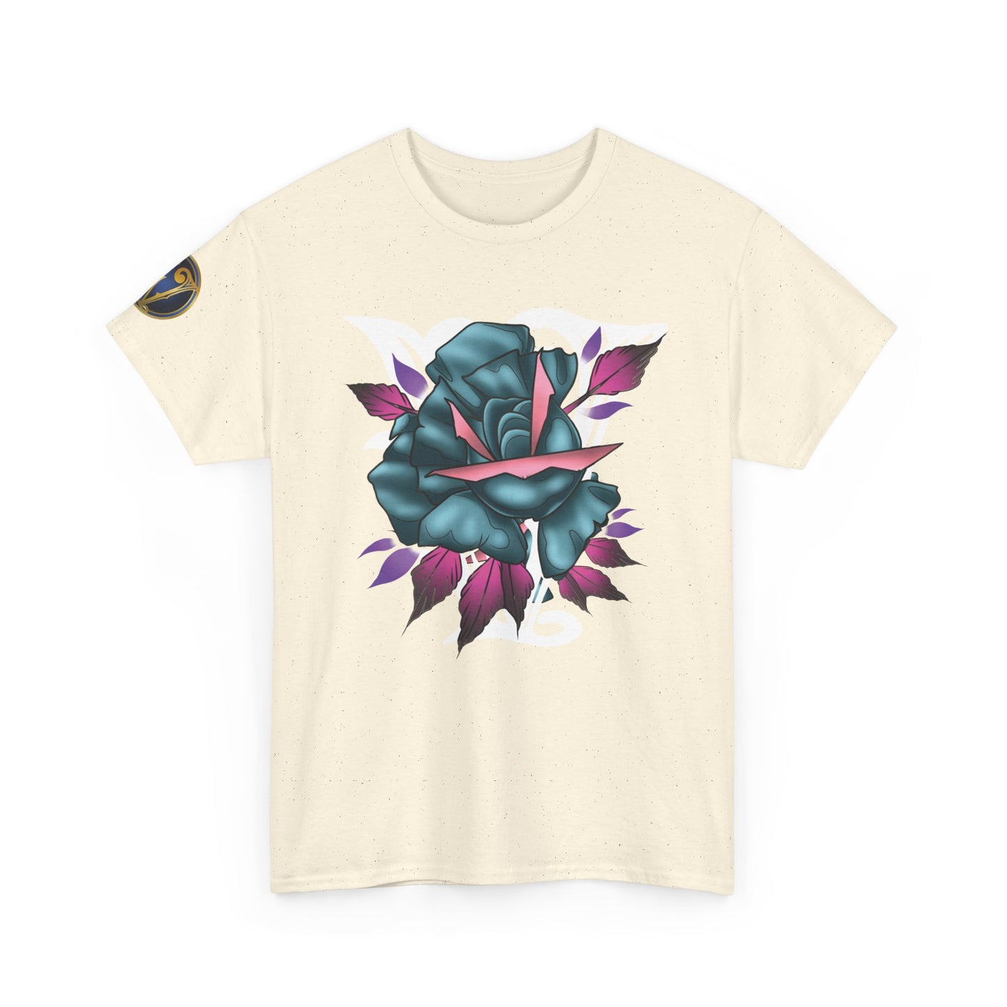 Blue & Pink Rose Graphic Tee — Vintage Floral Tattoo Shirt