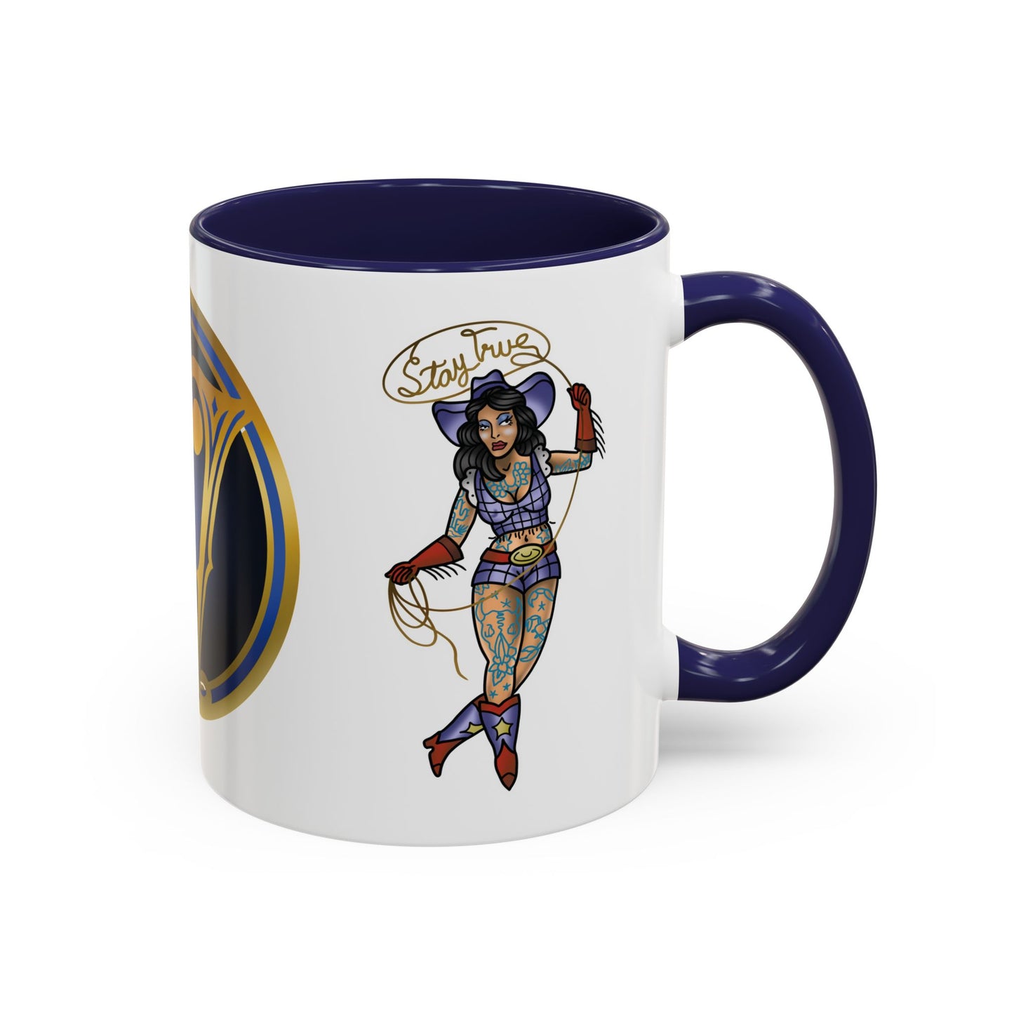 Accent Coffee Mug — Vintage Gold 'V' Monogram & Pin-Up Cowgirl Illustration (11oz/15oz)