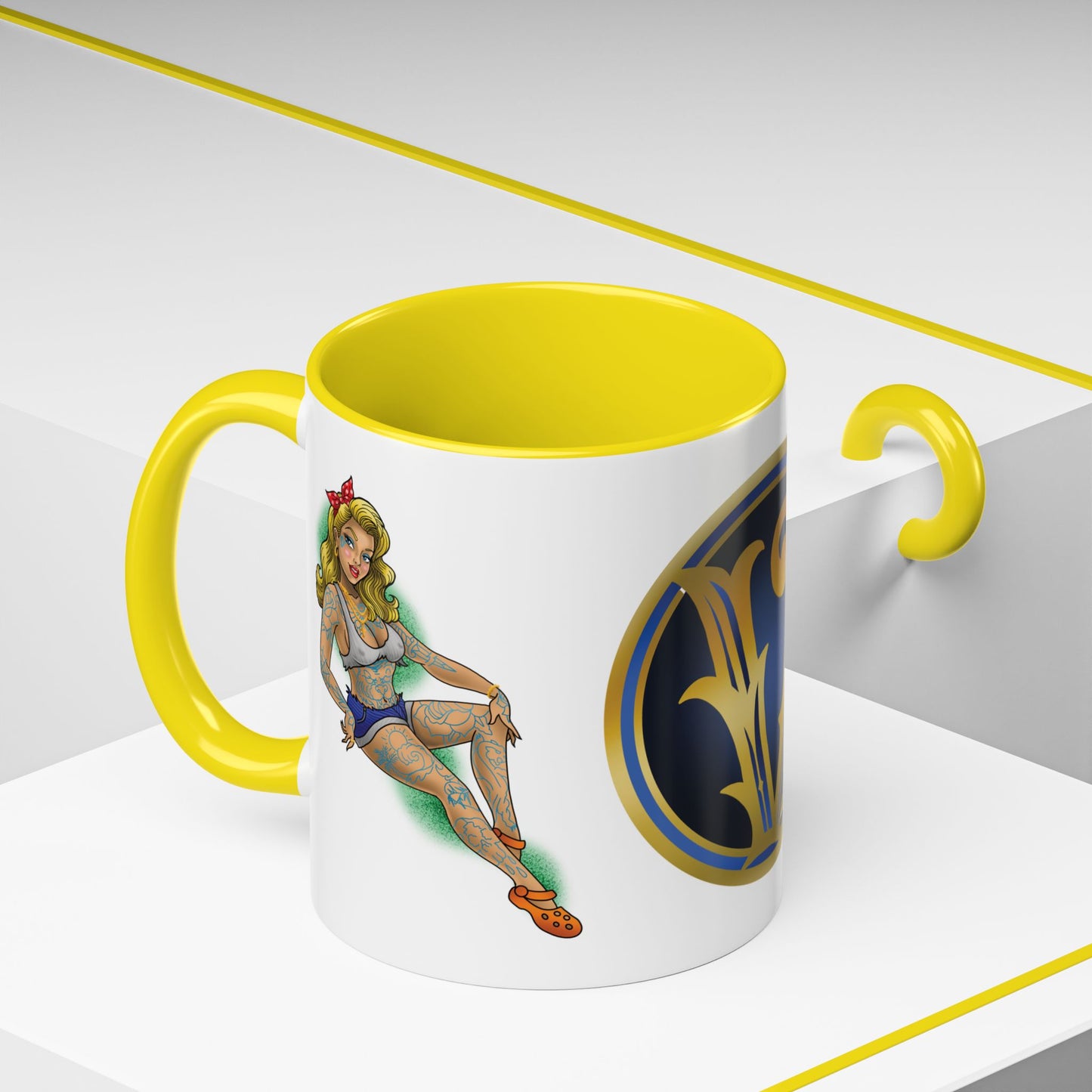 Vintage Pin-Up Coffee Mug with Gold Monogram V — Retro Tattoo Style Accent Mug (11/15oz)