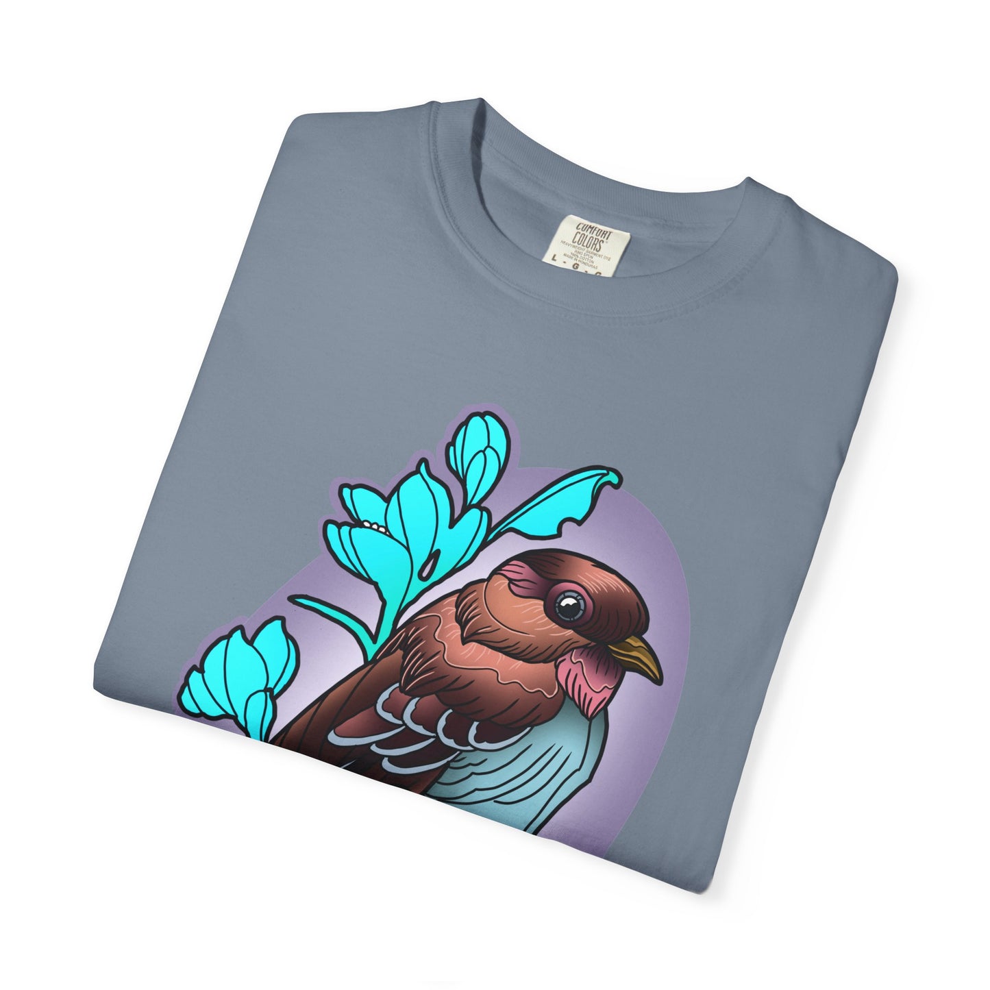 Bird Illustration T-Shirt — Colorful Sparrow on Floral Branch Tee