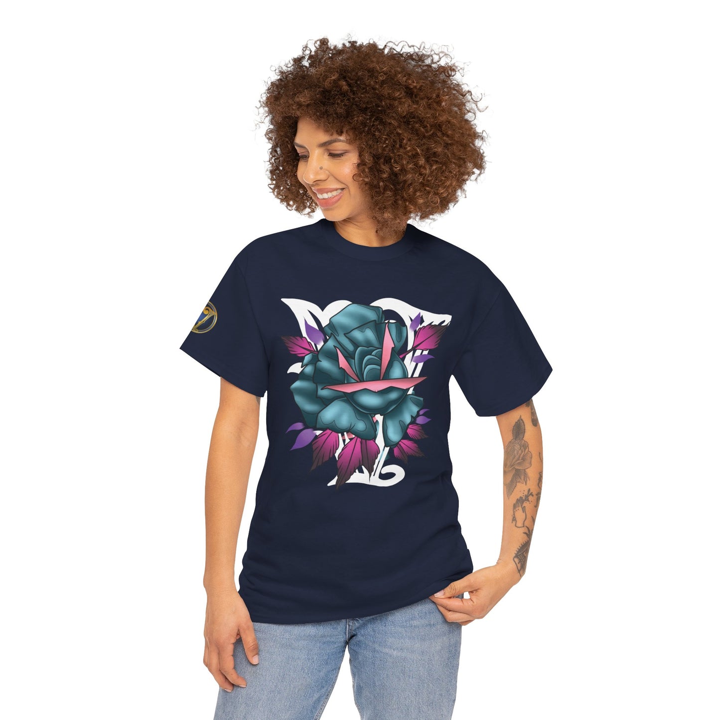 Blue & Pink Rose Graphic Tee — Vintage Floral Tattoo Shirt