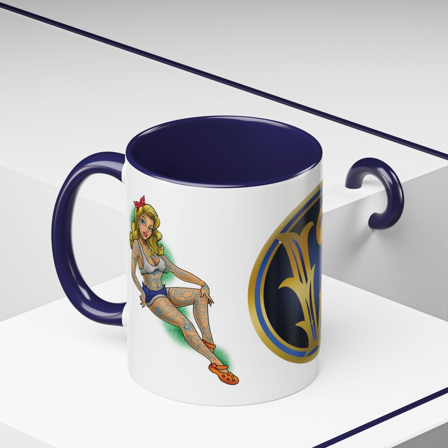 Vintage Pin-Up Coffee Mug with Gold Monogram V — Retro Tattoo Style Accent Mug (11/15oz)