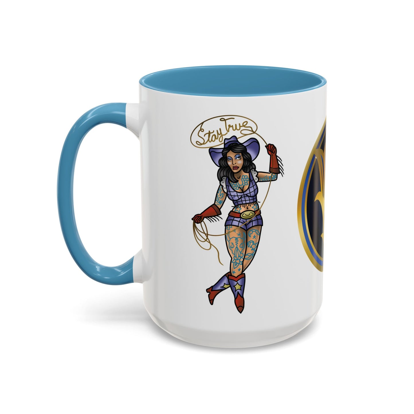 Accent Coffee Mug — Vintage Gold 'V' Monogram & Pin-Up Cowgirl Illustration (11oz/15oz)