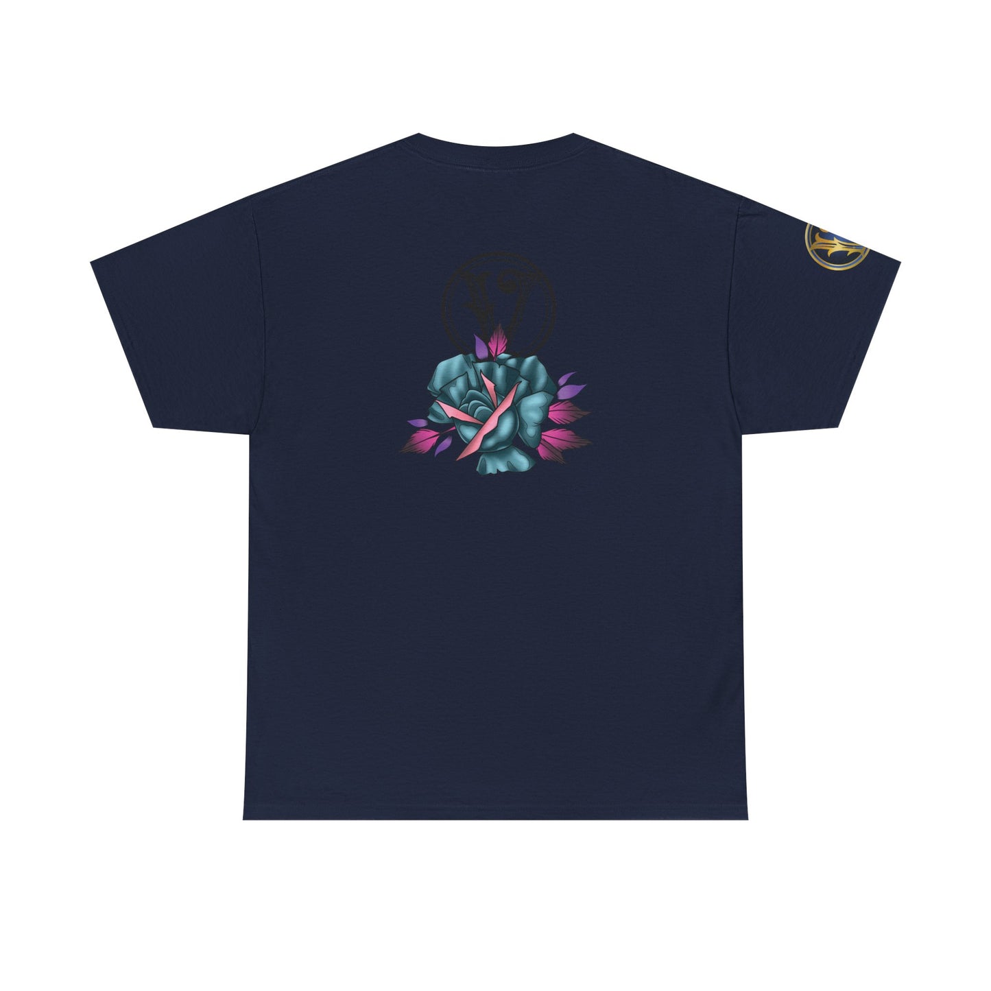 Blue & Pink Rose Graphic Tee — Vintage Floral Tattoo Shirt