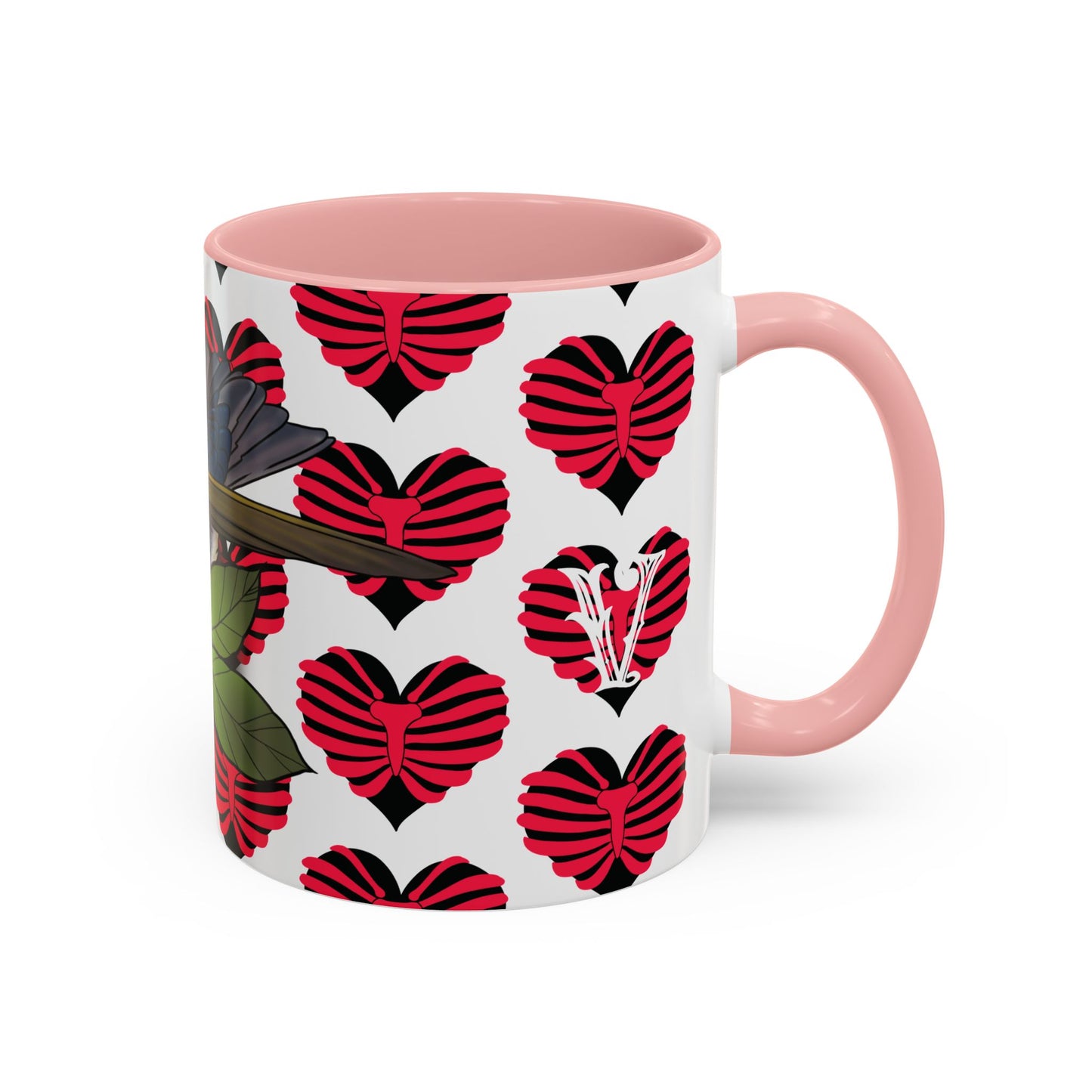 Bird & Hearts Accent Coffee Mug – Colorful Songbird Pattern (11/15oz)