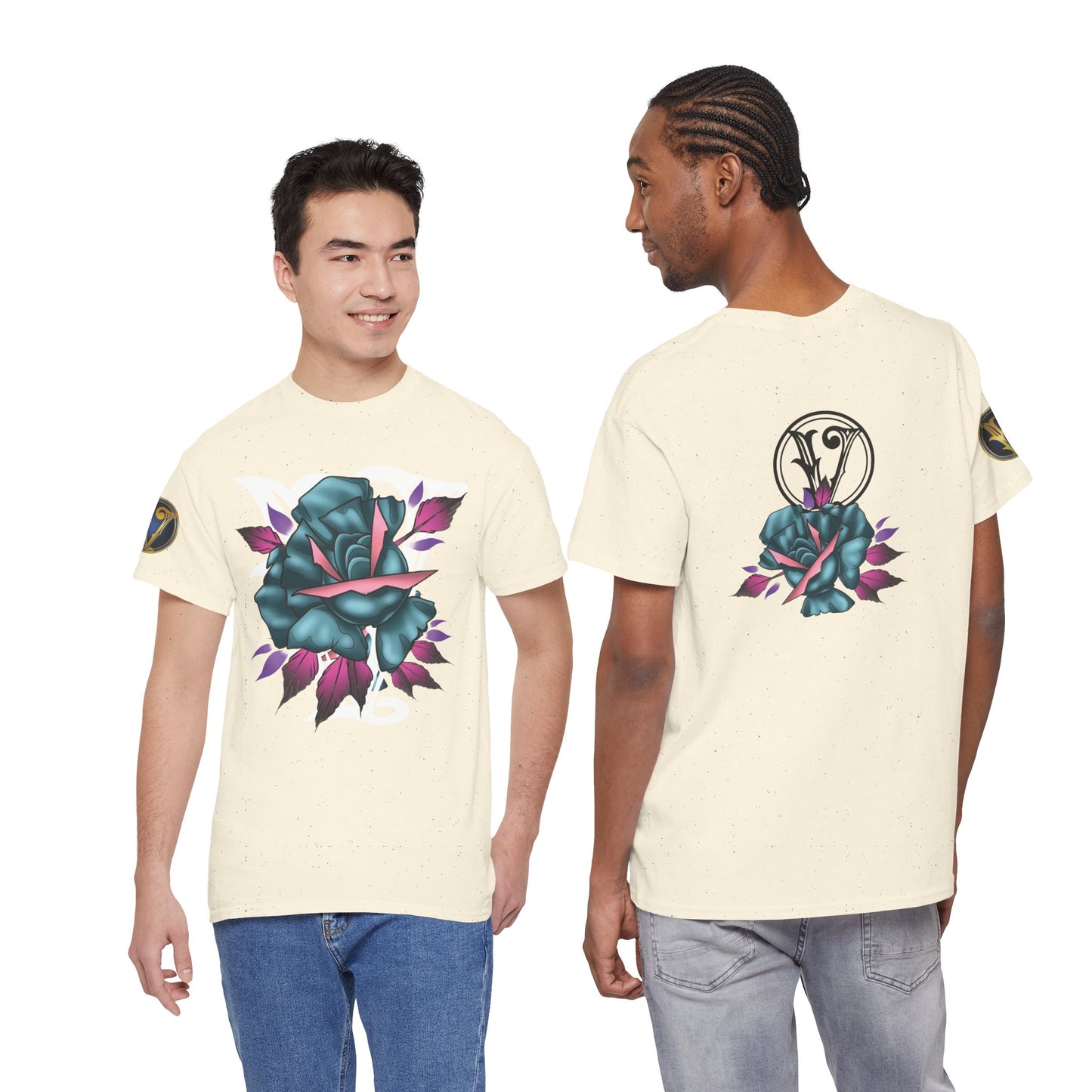 Blue & Pink Rose Graphic Tee — Vintage Floral Tattoo Shirt