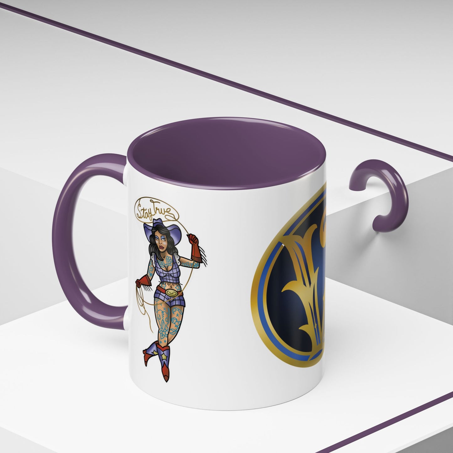 Accent Coffee Mug — Vintage Gold 'V' Monogram & Pin-Up Cowgirl Illustration (11oz/15oz)