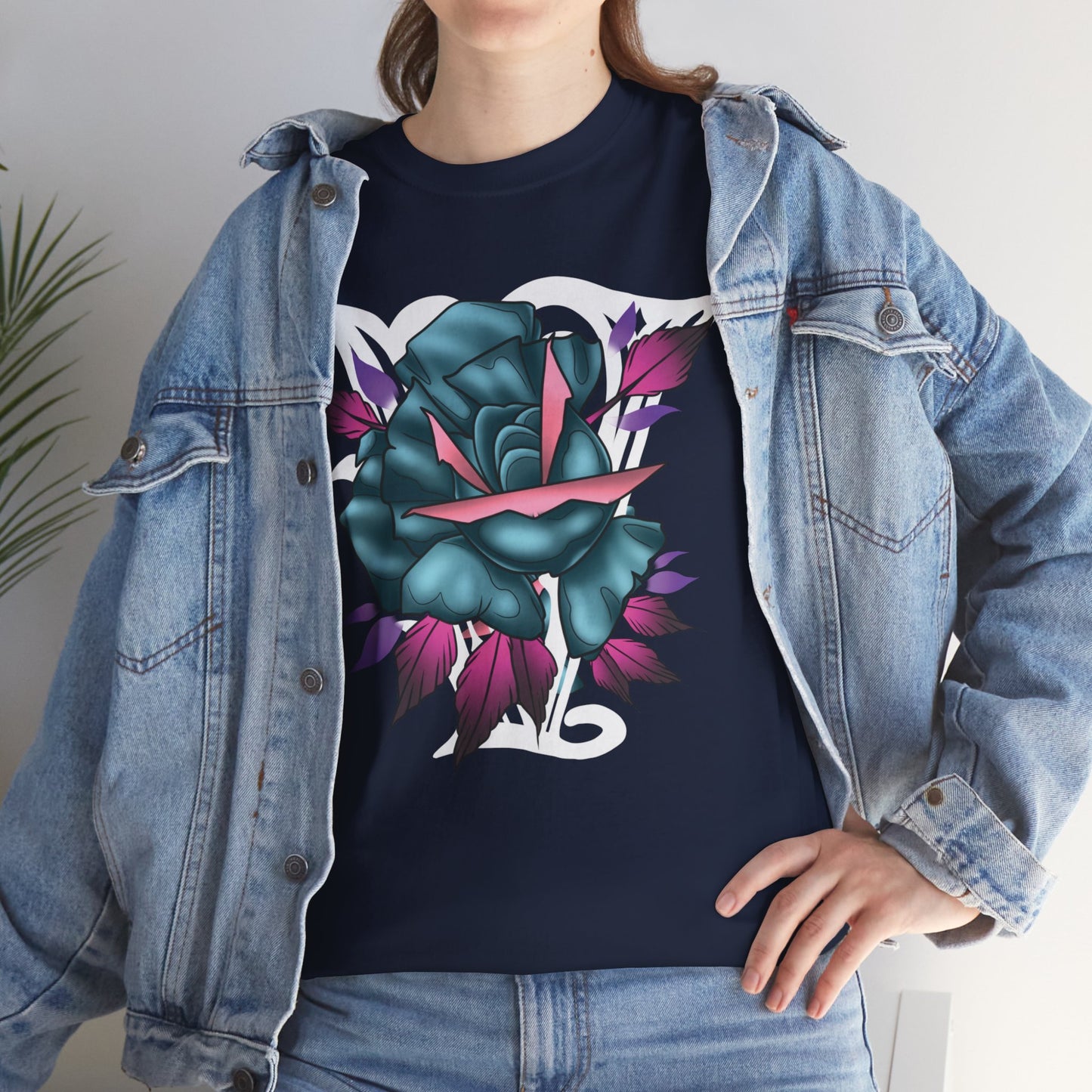 Blue & Pink Rose Graphic Tee — Vintage Floral Tattoo Shirt