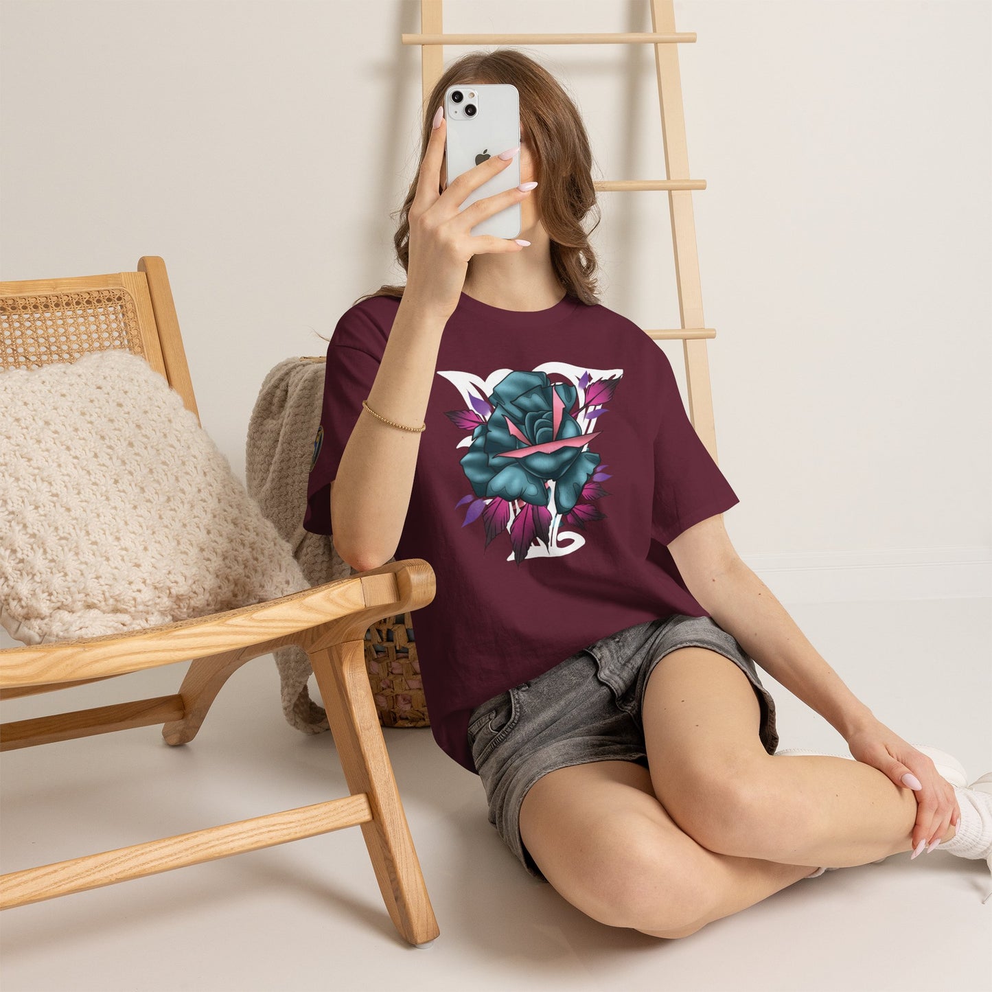 Blue & Pink Rose Graphic Tee — Vintage Floral Tattoo Shirt