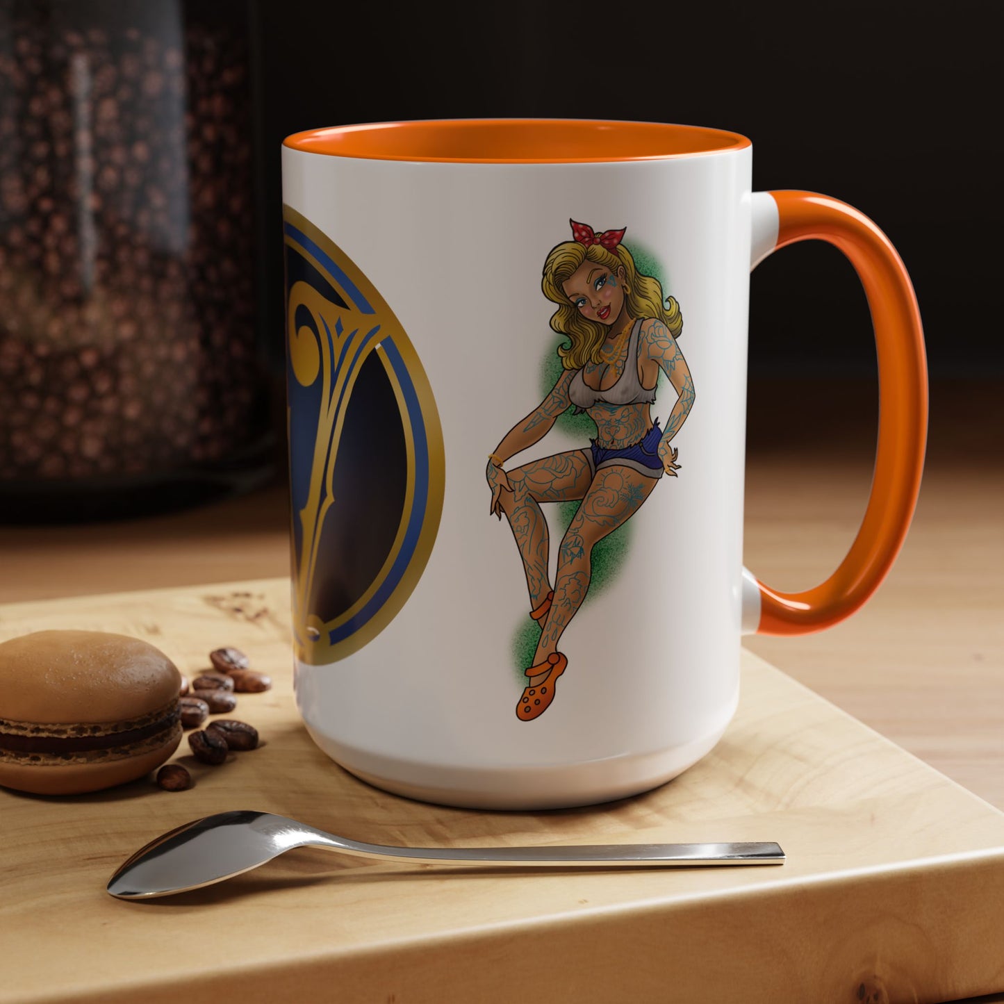 Vintage Pin-Up Coffee Mug with Gold Monogram V — Retro Tattoo Style Accent Mug (11/15oz)