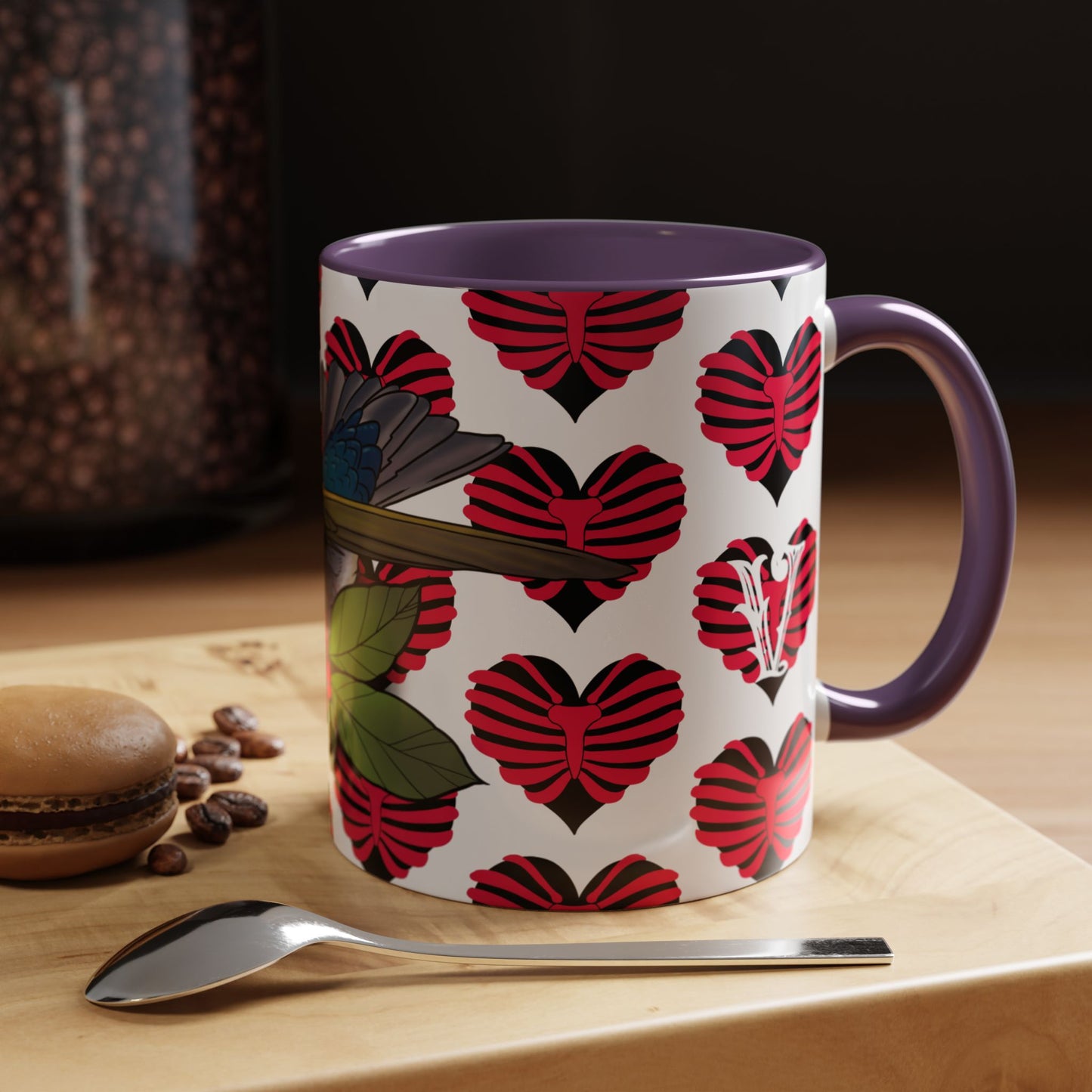 Bird & Hearts Accent Coffee Mug – Colorful Songbird Pattern (11/15oz)