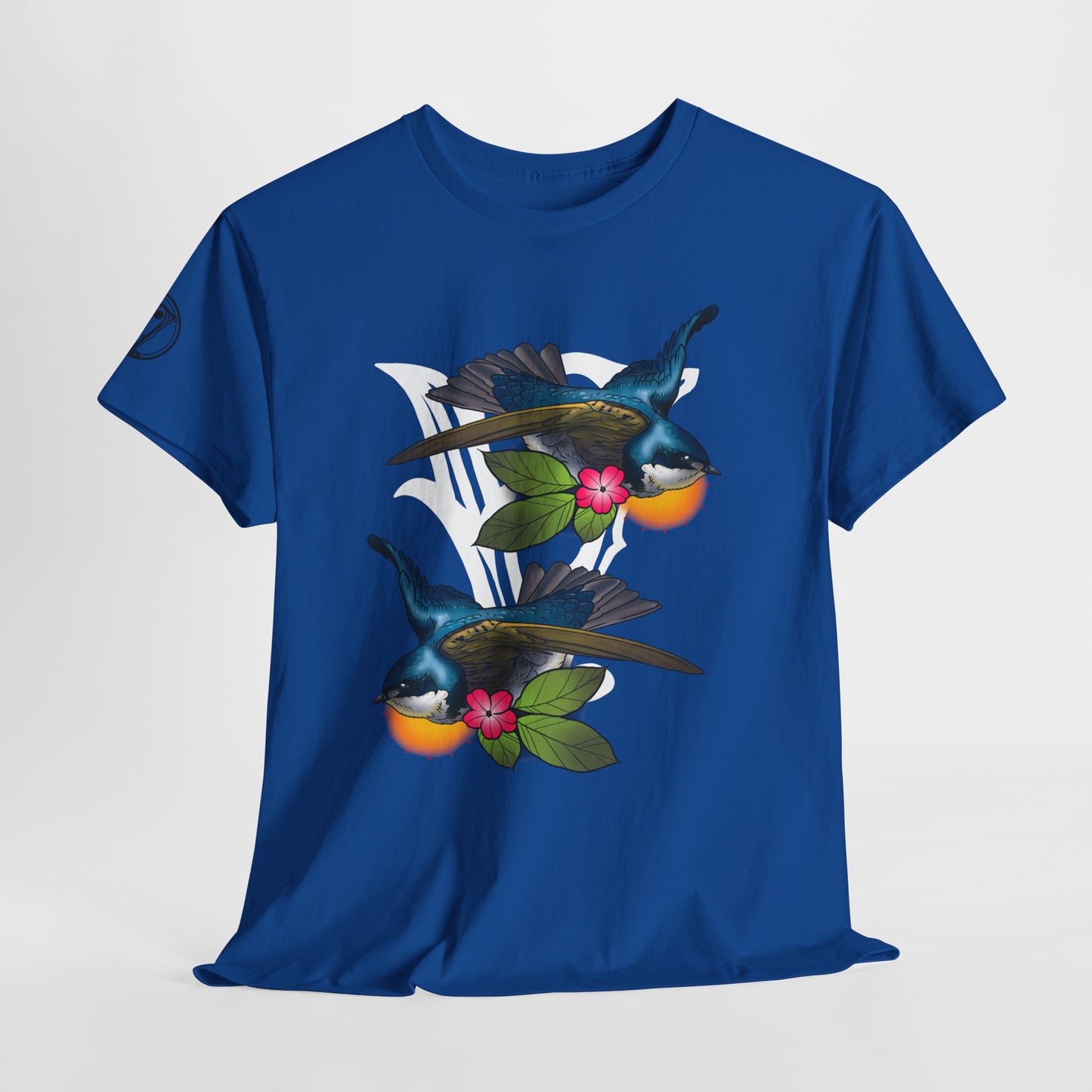 Bird Skull & Swallow Art Tee — Vibrant Blue Bird Illustration T-Shirt