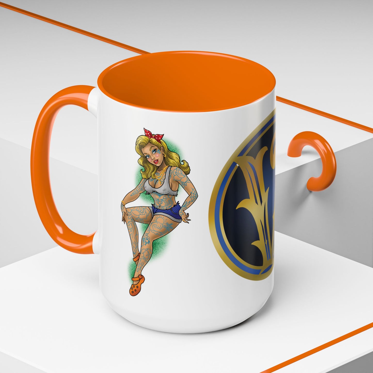 Vintage Pin-Up Coffee Mug with Gold Monogram V — Retro Tattoo Style Accent Mug (11/15oz)