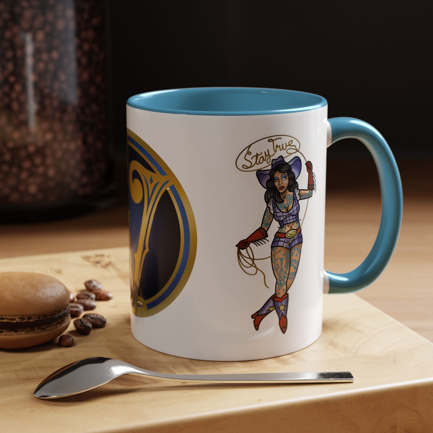 Accent Coffee Mug — Vintage Gold 'V' Monogram & Pin-Up Cowgirl Illustration (11oz/15oz)