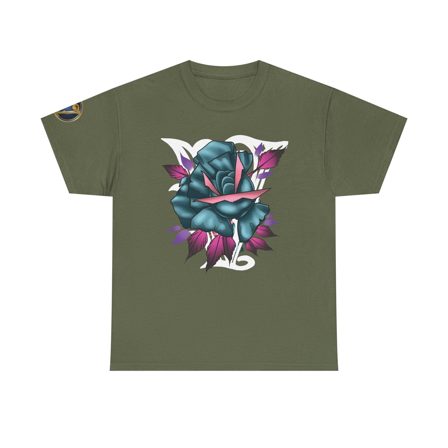 Blue & Pink Rose Graphic Tee — Vintage Floral Tattoo Shirt