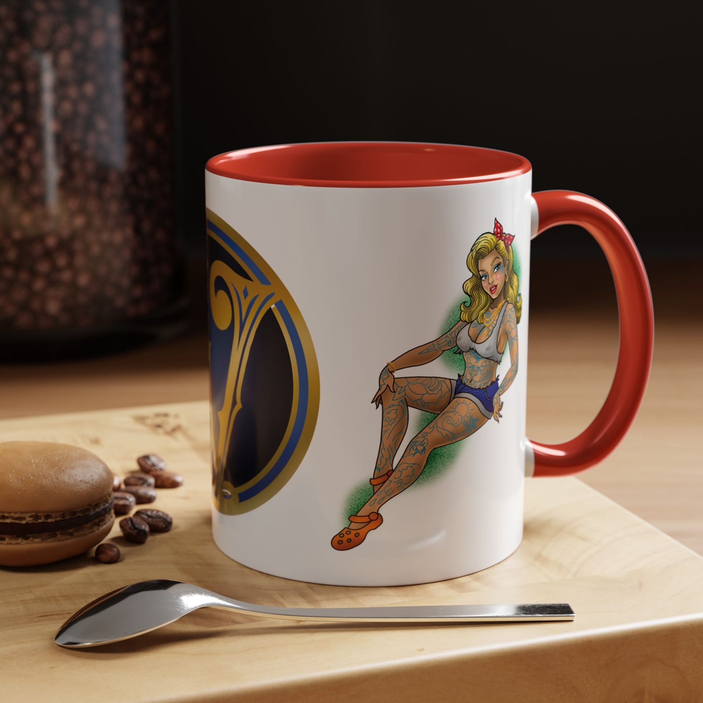 Vintage Pin-Up Coffee Mug with Gold Monogram V — Retro Tattoo Style Accent Mug (11/15oz)