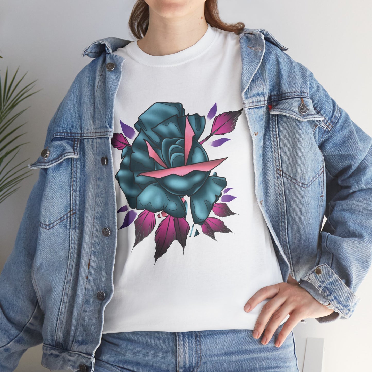 Blue & Pink Rose Graphic Tee — Vintage Floral Tattoo Shirt