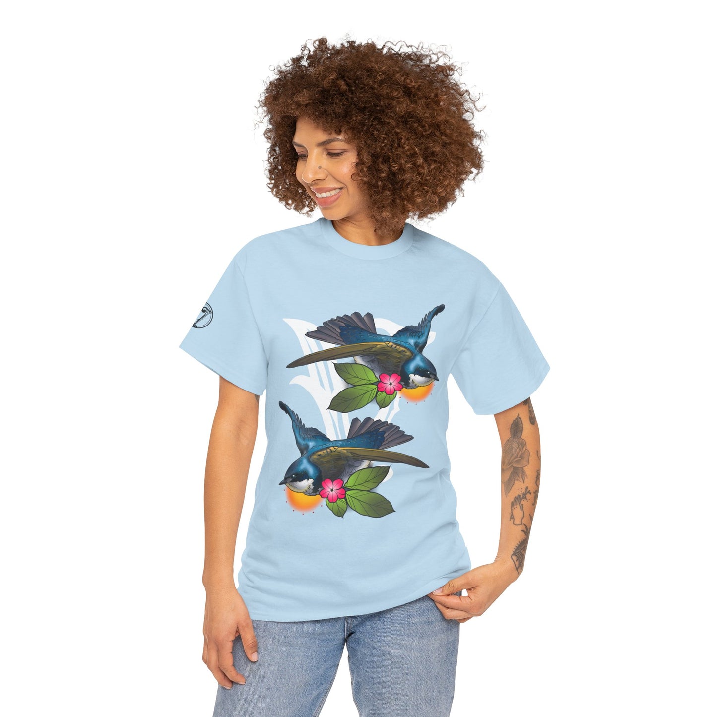 Bird Skull & Swallow Art Tee — Vibrant Blue Bird Illustration T-Shirt