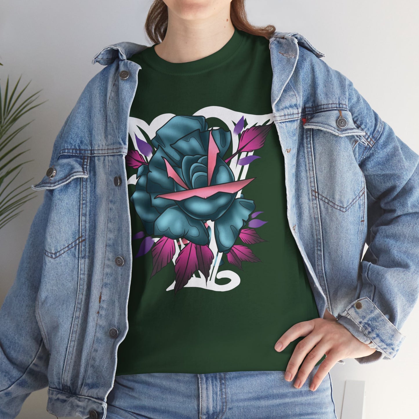 Blue & Pink Rose Graphic Tee — Vintage Floral Tattoo Shirt
