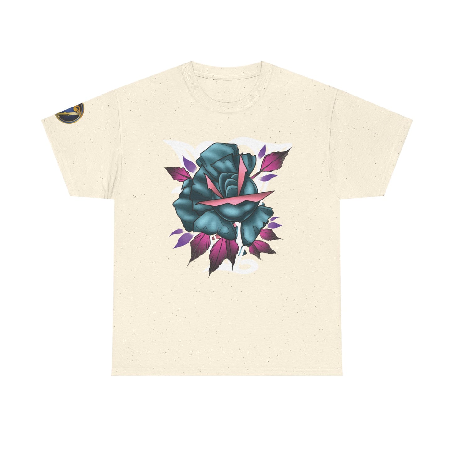 Blue & Pink Rose Graphic Tee — Vintage Floral Tattoo Shirt