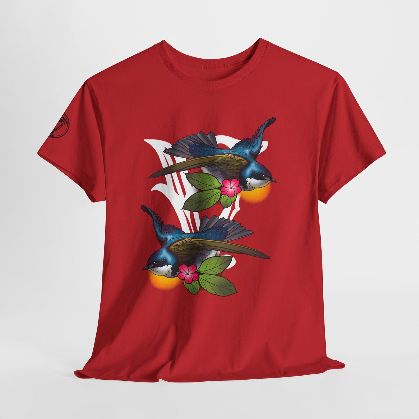 Bird Skull & Swallow Art Tee — Vibrant Blue Bird Illustration T-Shirt