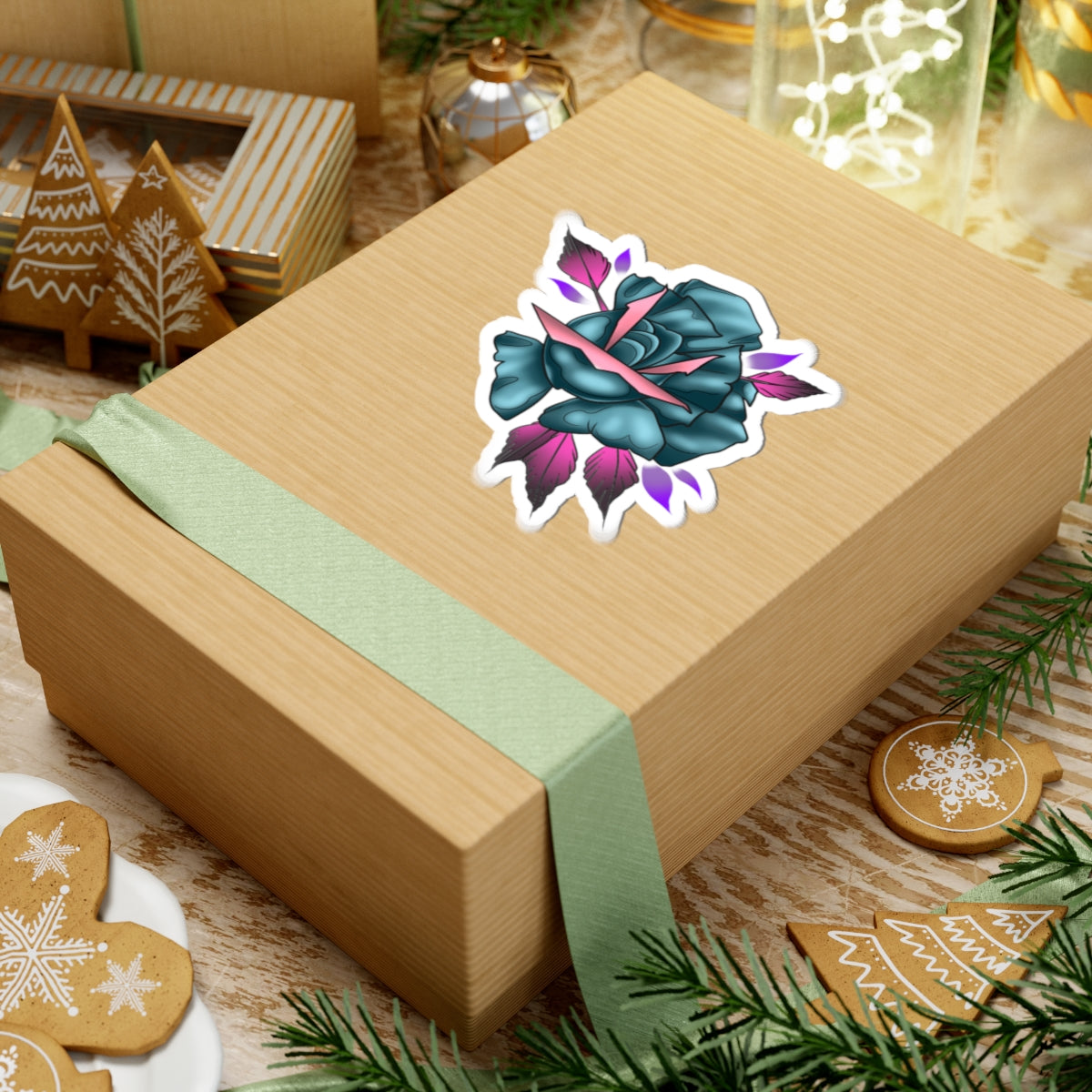Teal Rose Kiss-Cut Sticker — Floral Tattoo-Style Laptop Decal
