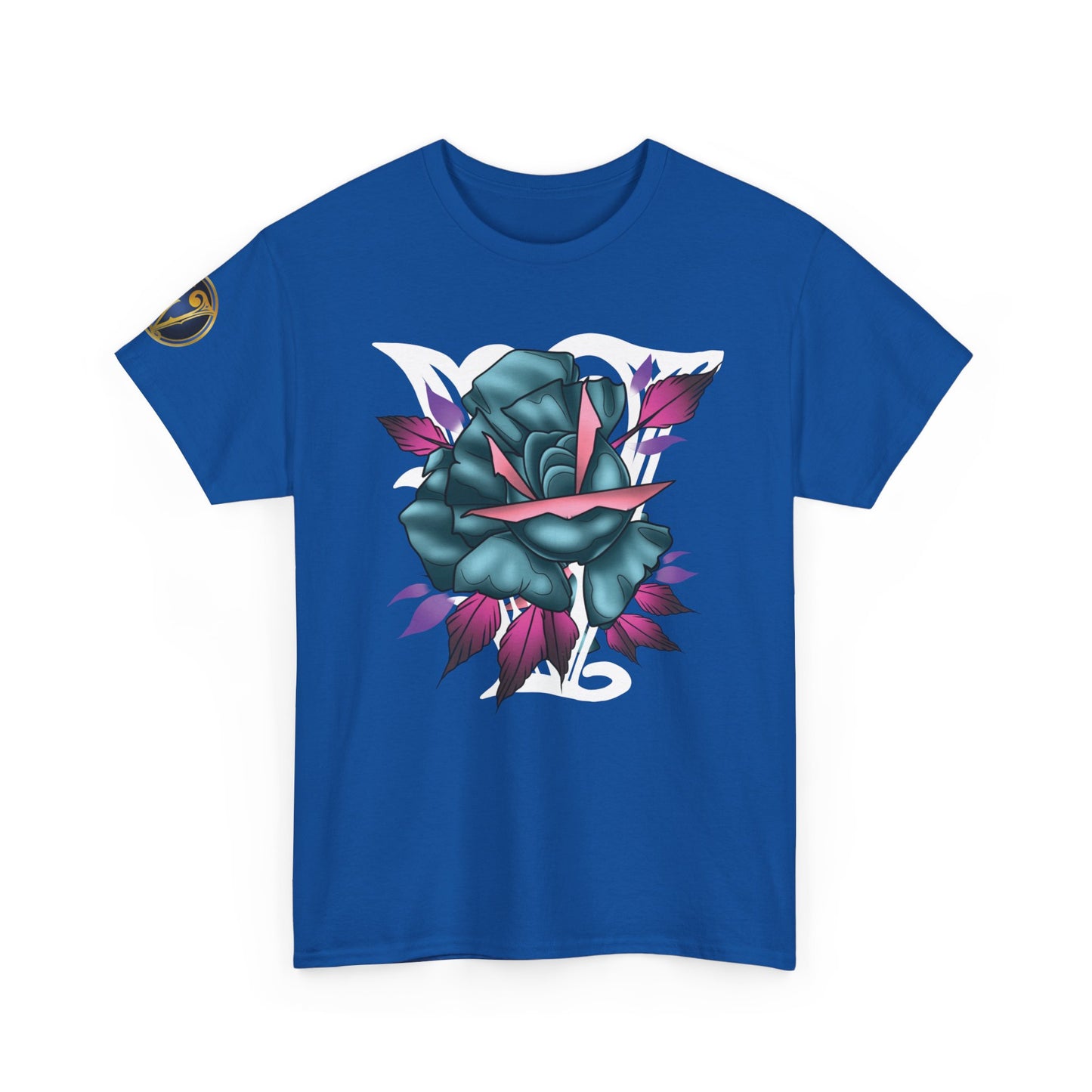 Blue & Pink Rose Graphic Tee — Vintage Floral Tattoo Shirt