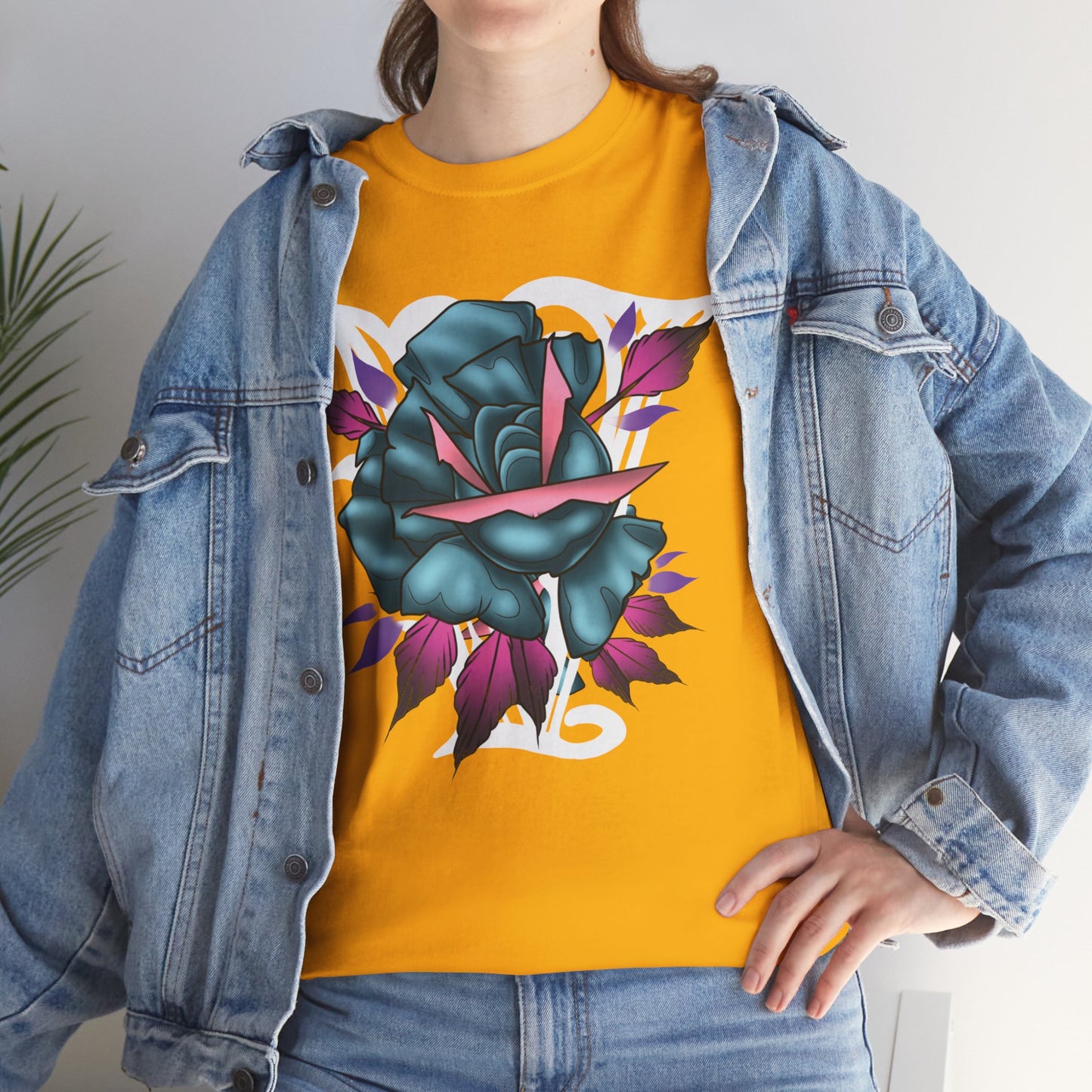 Blue & Pink Rose Graphic Tee — Vintage Floral Tattoo Shirt