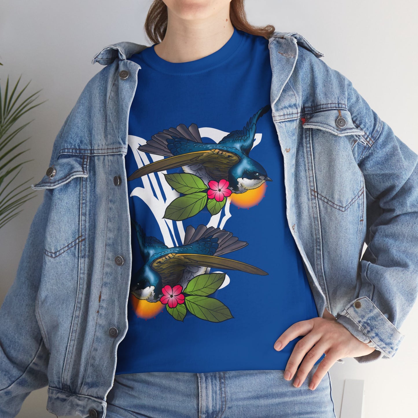 Bird Skull & Swallow Art Tee — Vibrant Blue Bird Illustration T-Shirt