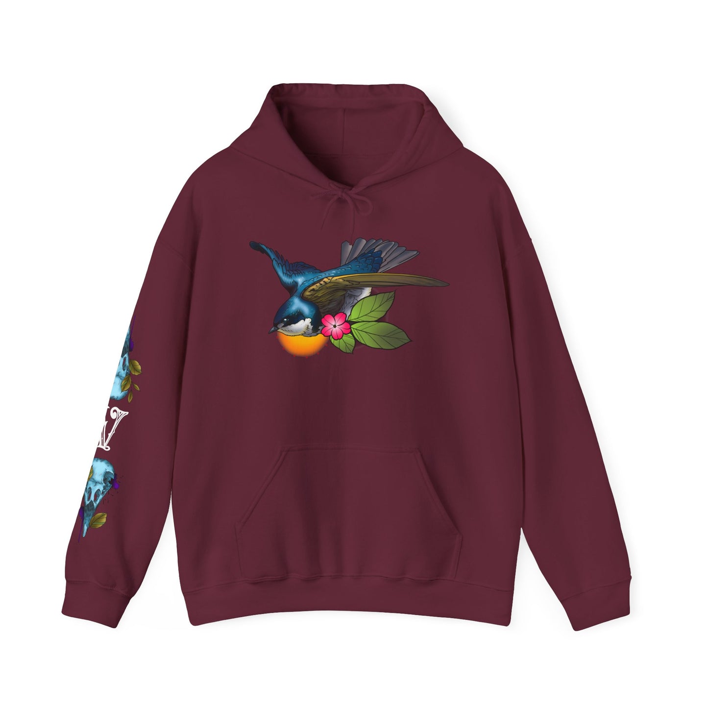 Swallow & Blossom Hoodie – Blue Bird Floral Graphic Sweatshirt