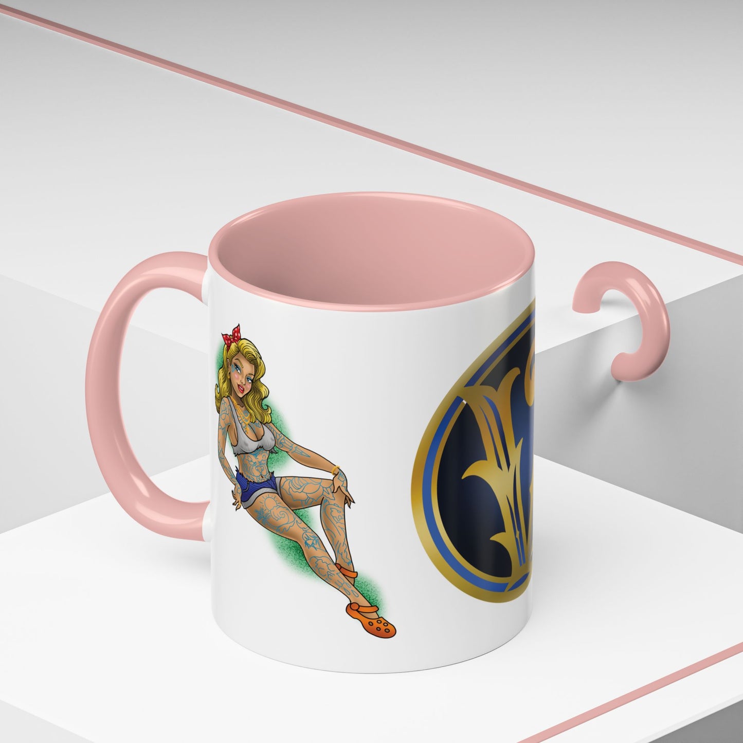 Vintage Pin-Up Coffee Mug with Gold Monogram V — Retro Tattoo Style Accent Mug (11/15oz)