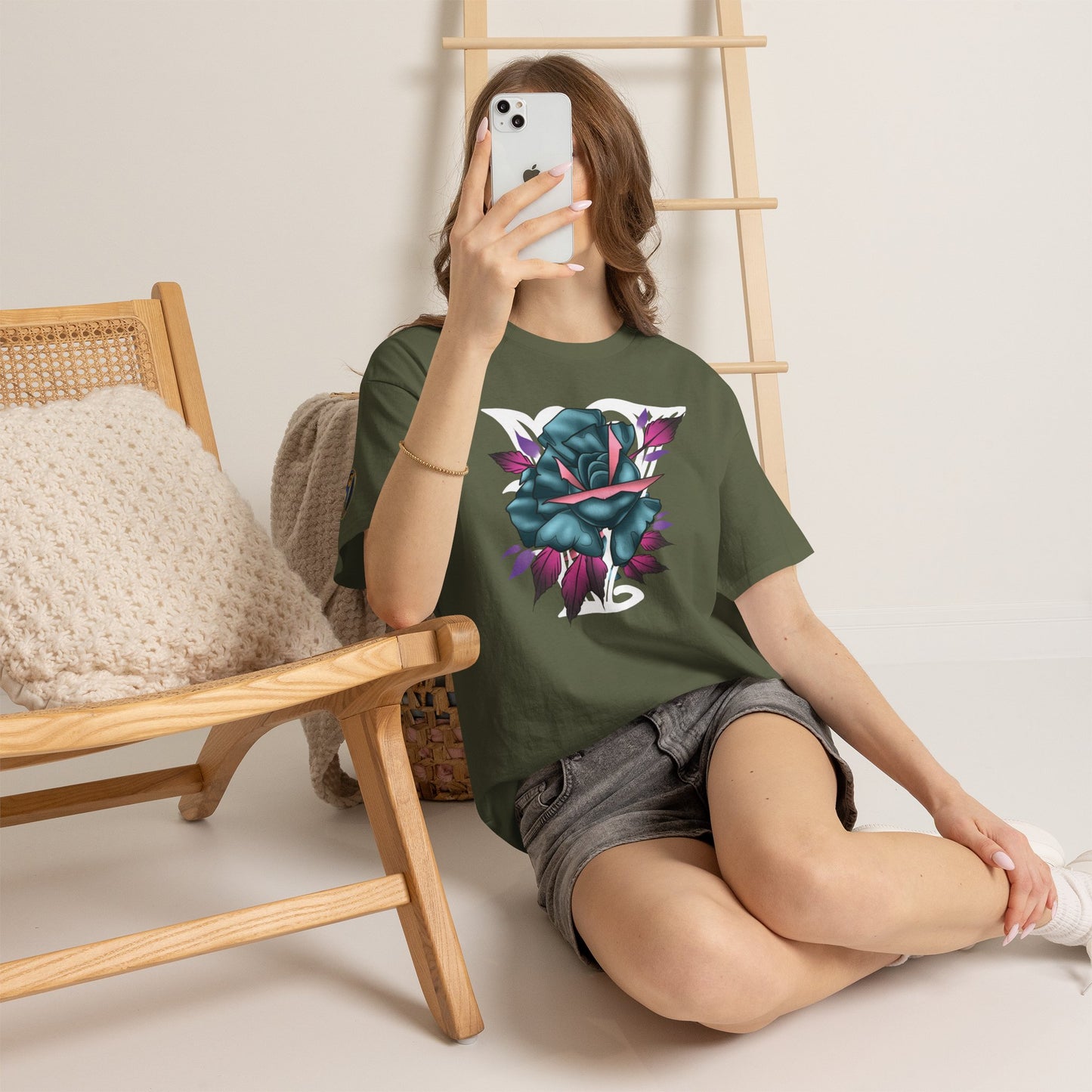 Blue & Pink Rose Graphic Tee — Vintage Floral Tattoo Shirt