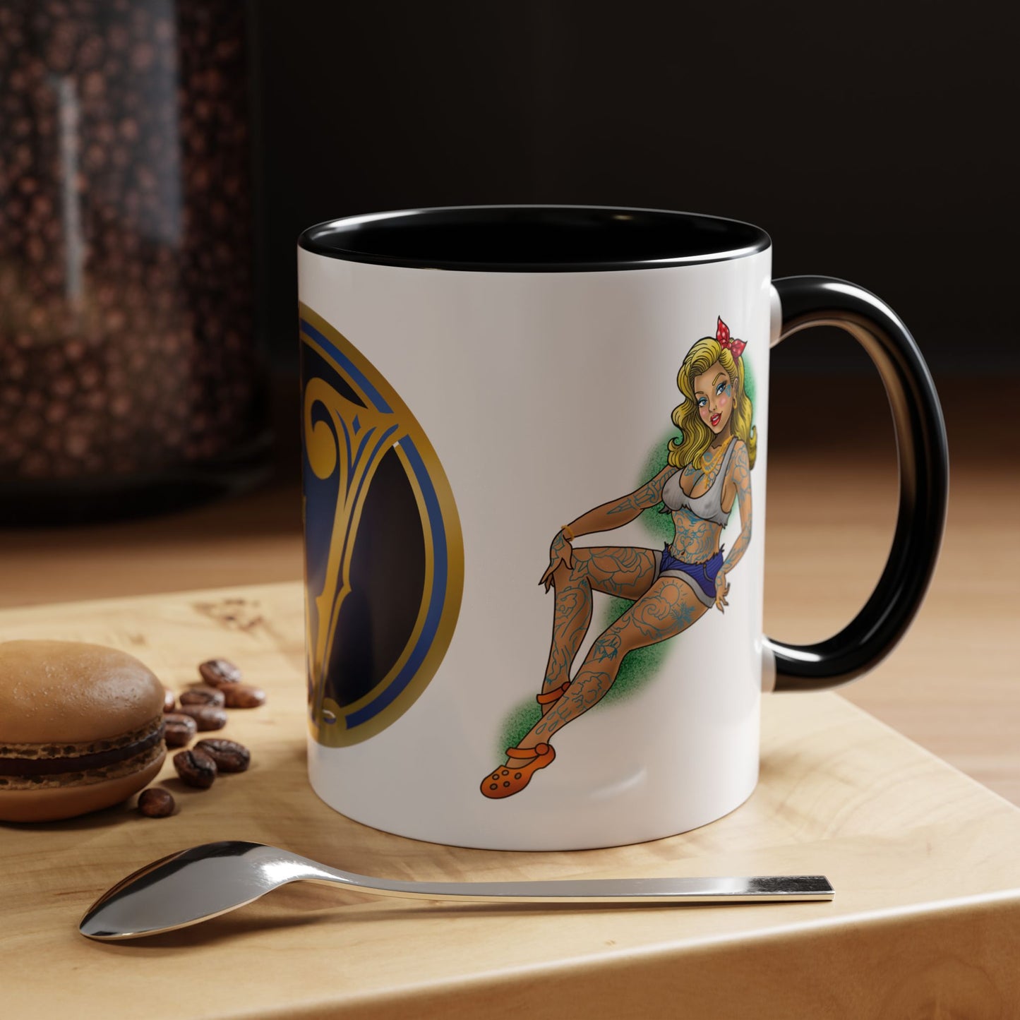 Vintage Pin-Up Coffee Mug with Gold Monogram V — Retro Tattoo Style Accent Mug (11/15oz)