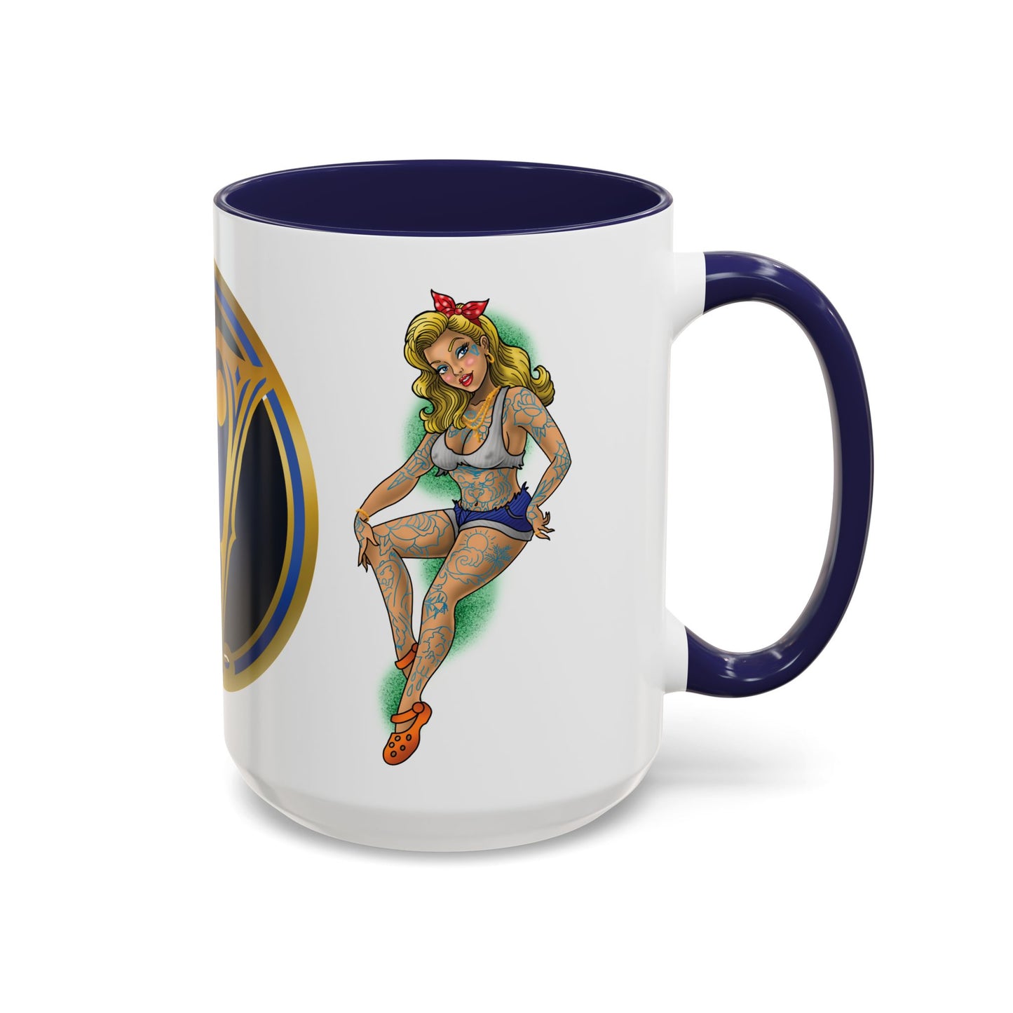 Vintage Pin-Up Coffee Mug with Gold Monogram V — Retro Tattoo Style Accent Mug (11/15oz)