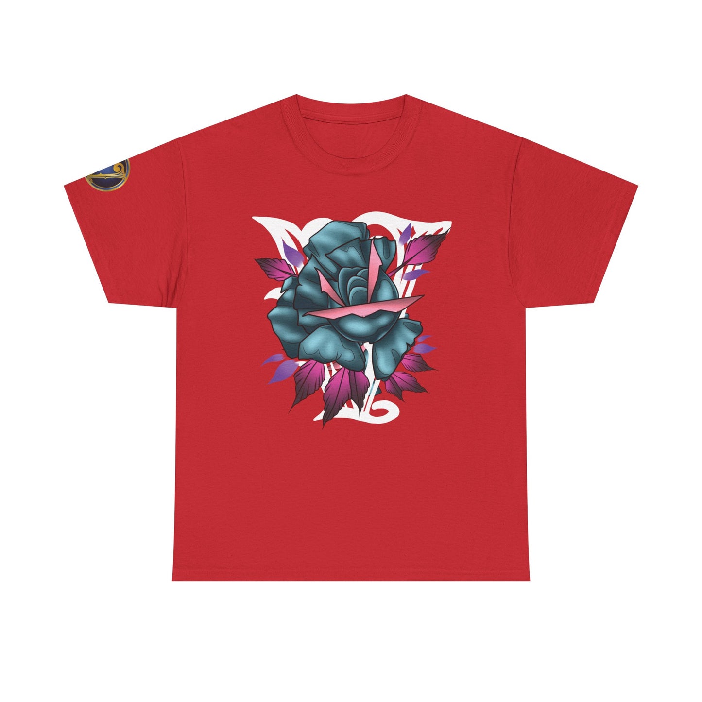 Blue & Pink Rose Graphic Tee — Vintage Floral Tattoo Shirt