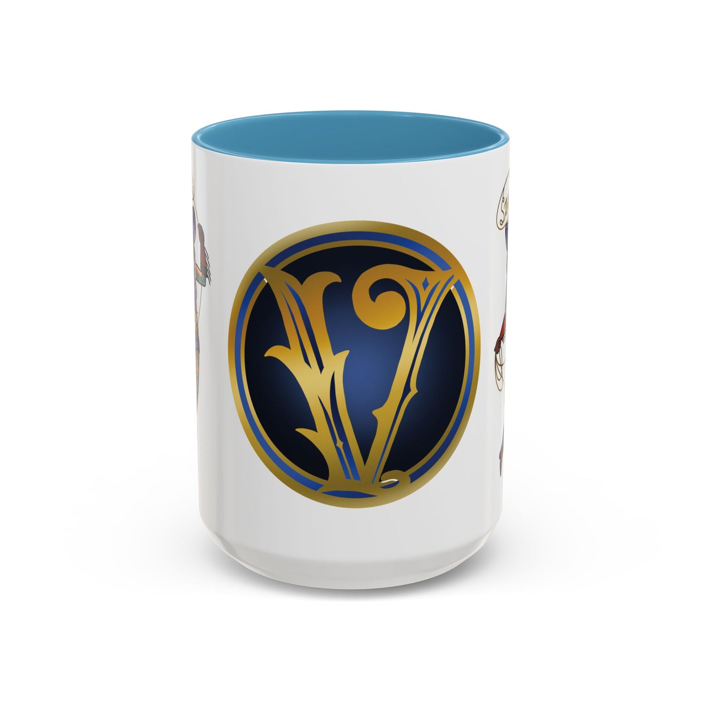 Accent Coffee Mug — Vintage Gold 'V' Monogram & Pin-Up Cowgirl Illustration (11oz/15oz)