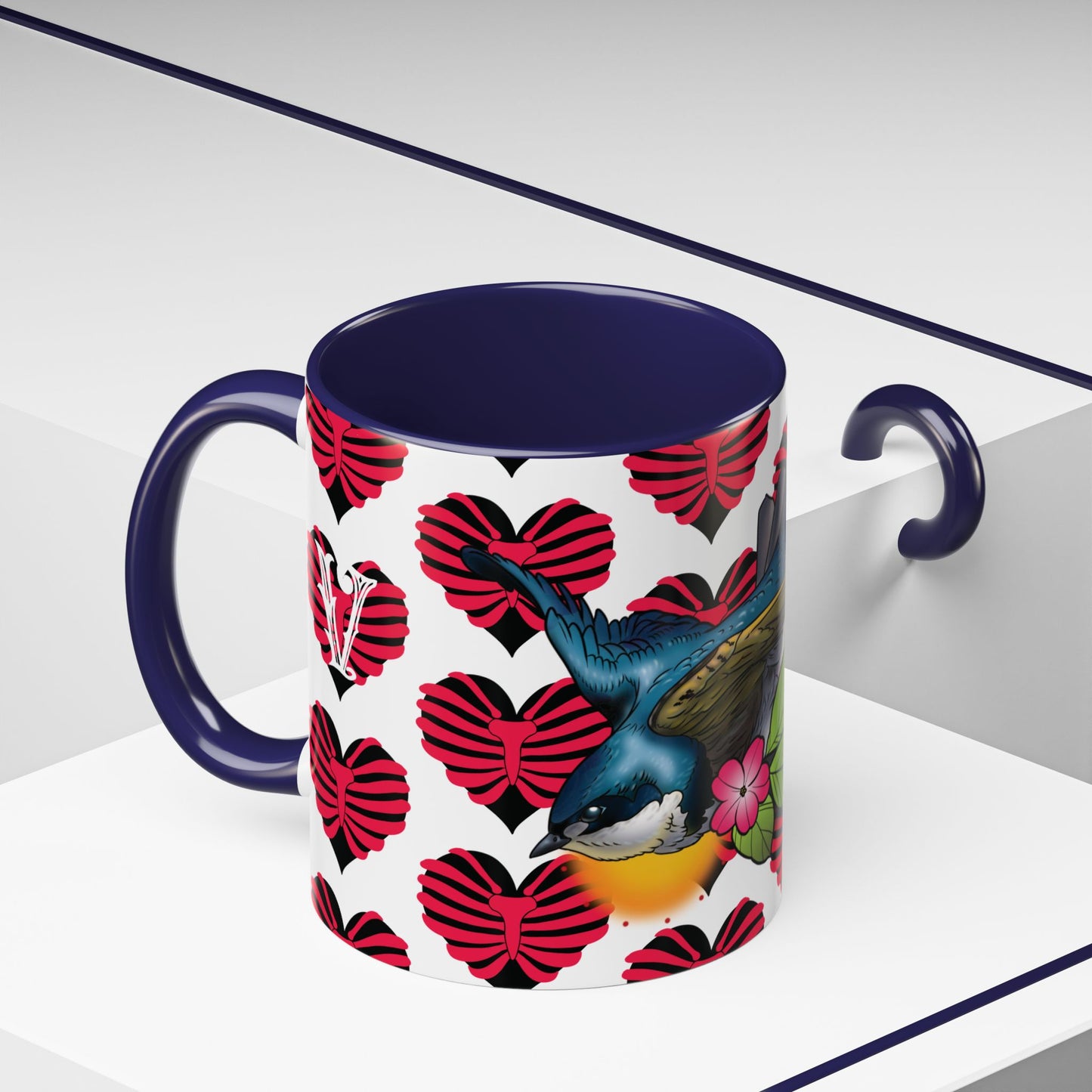 Bird & Hearts Accent Coffee Mug – Colorful Songbird Pattern (11/15oz)