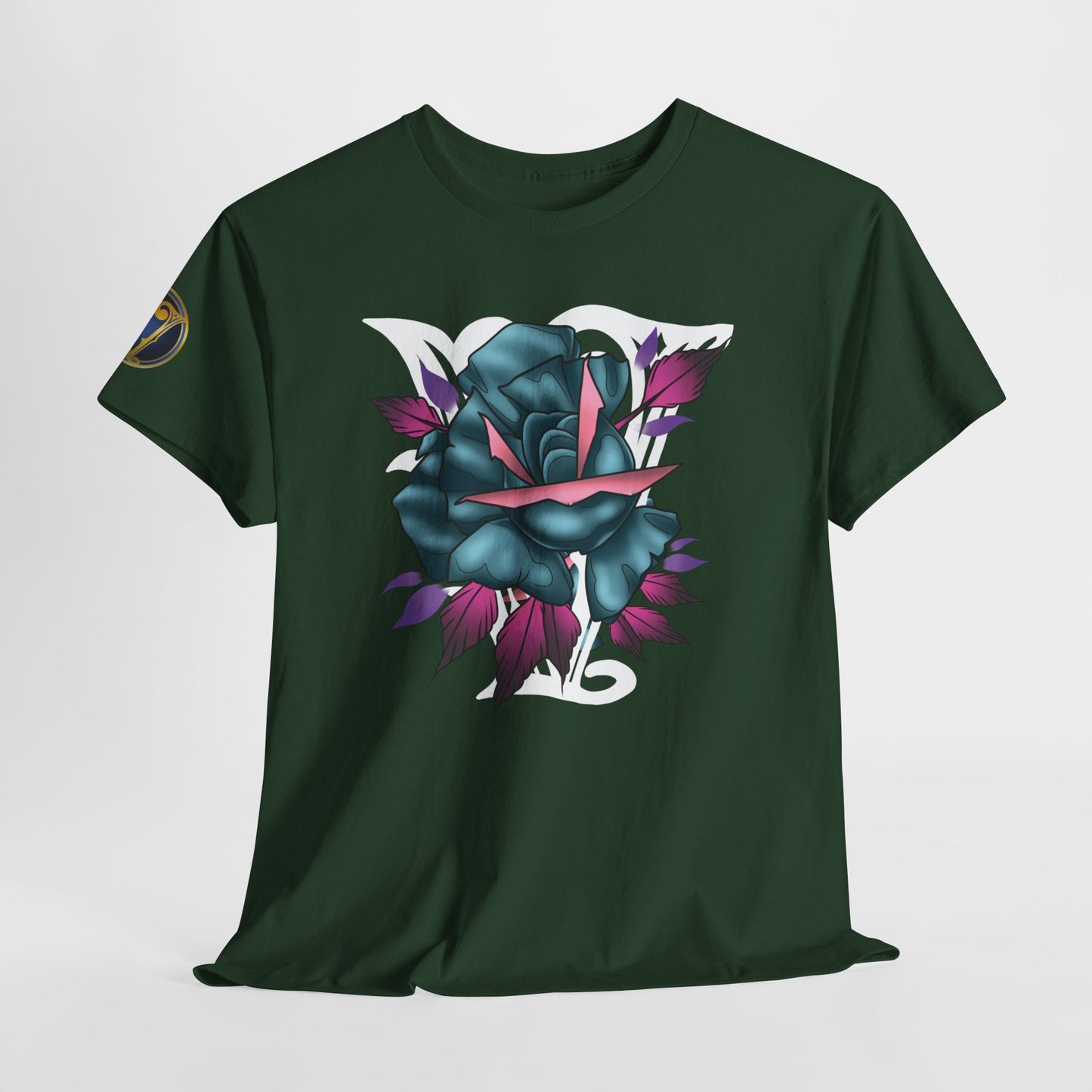 Blue & Pink Rose Graphic Tee — Vintage Floral Tattoo Shirt