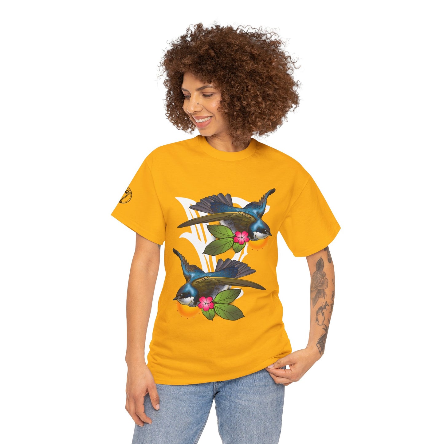 Bird Skull & Swallow Art Tee — Vibrant Blue Bird Illustration T-Shirt