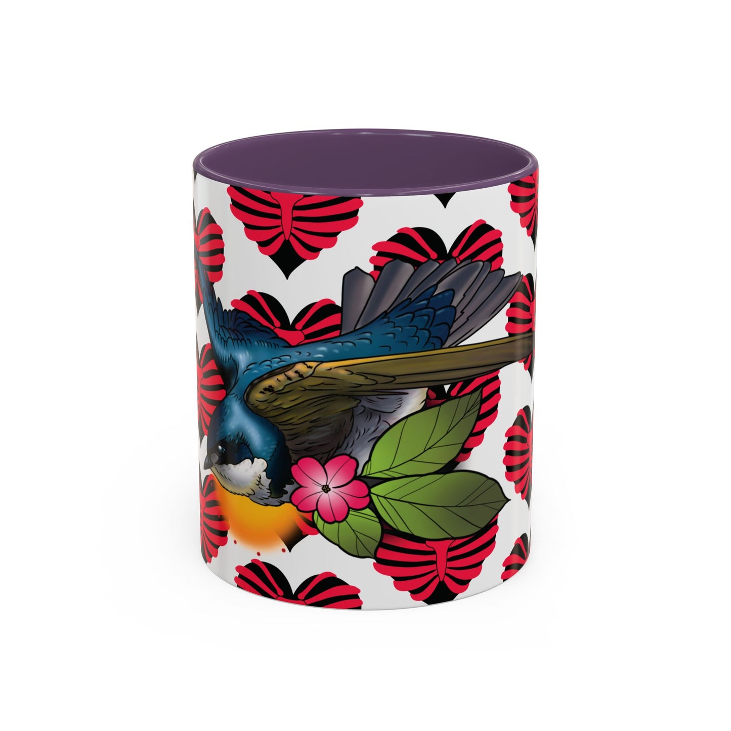 Bird & Hearts Accent Coffee Mug – Colorful Songbird Pattern (11/15oz)