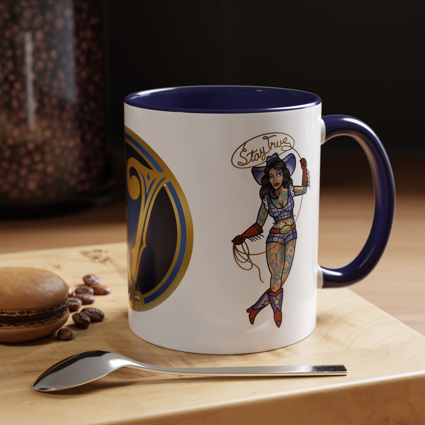 Accent Coffee Mug — Vintage Gold 'V' Monogram & Pin-Up Cowgirl Illustration (11oz/15oz)