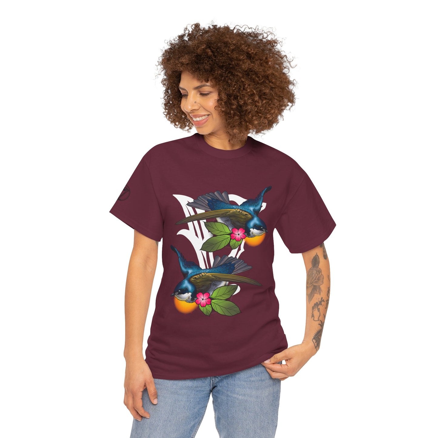 Bird Skull & Swallow Art Tee — Vibrant Blue Bird Illustration T-Shirt