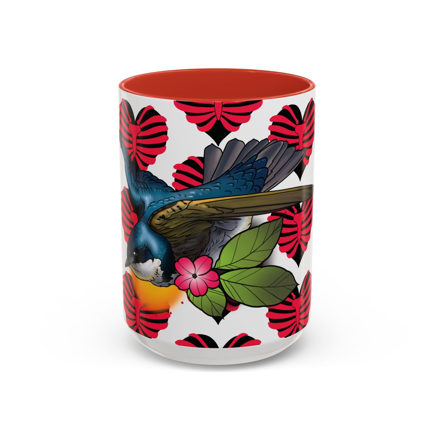 Bird & Hearts Accent Coffee Mug – Colorful Songbird Pattern (11/15oz)