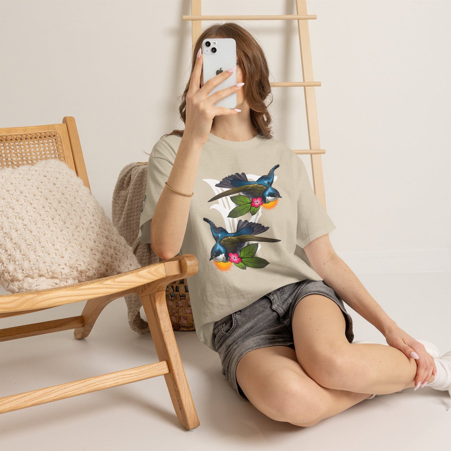 Bird Skull & Swallow Art Tee — Vibrant Blue Bird Illustration T-Shirt