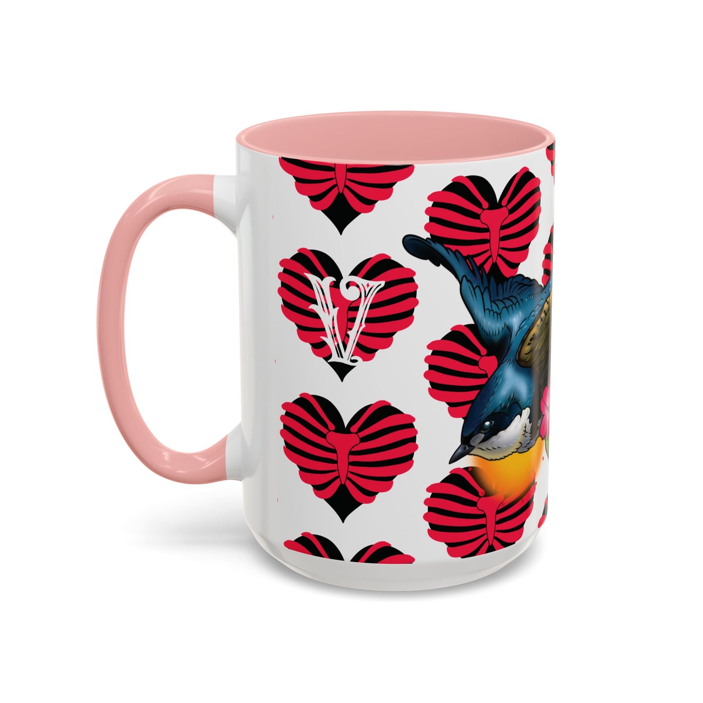 Bird & Hearts Accent Coffee Mug – Colorful Songbird Pattern (11/15oz)