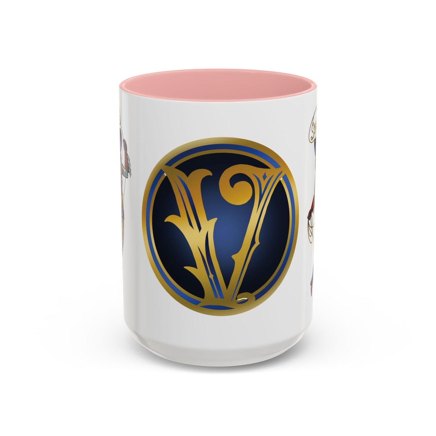 Accent Coffee Mug — Vintage Gold 'V' Monogram & Pin-Up Cowgirl Illustration (11oz/15oz)