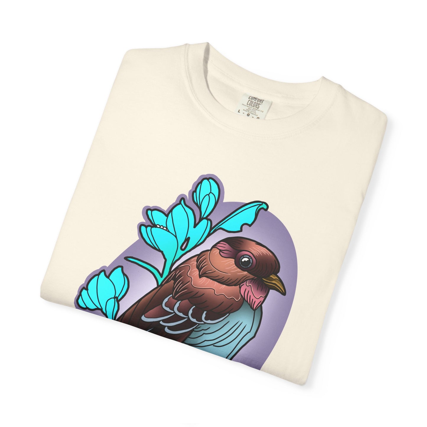 Bird Illustration T-Shirt — Colorful Sparrow on Floral Branch Tee