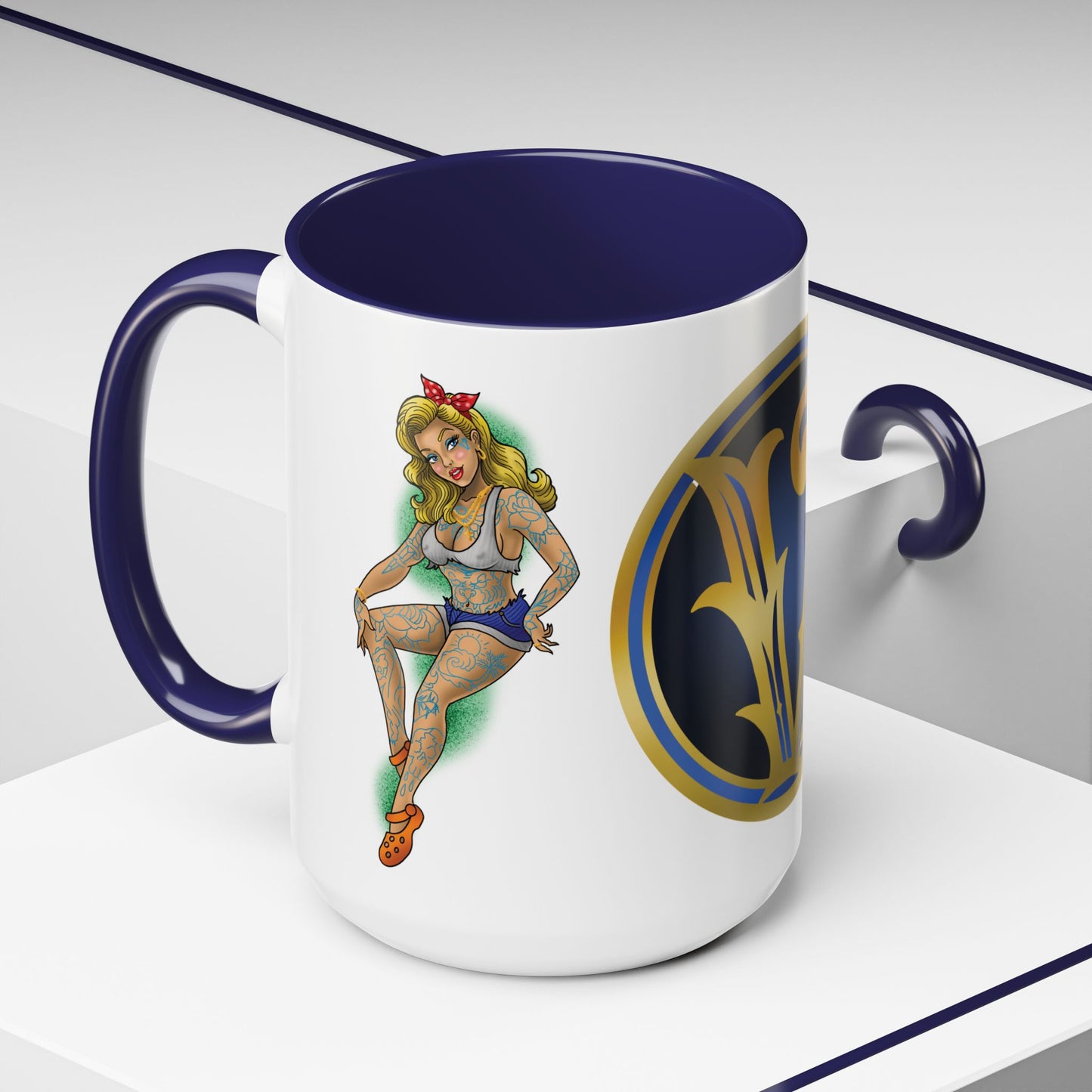 Vintage Pin-Up Coffee Mug with Gold Monogram V — Retro Tattoo Style Accent Mug (11/15oz)