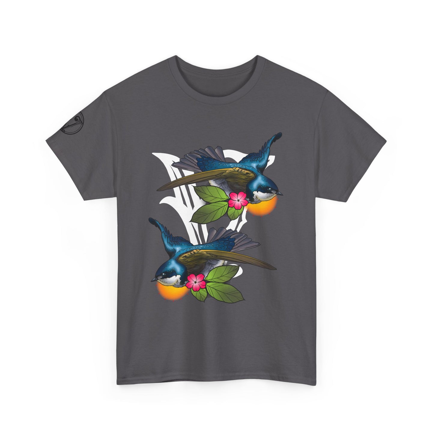 Bird Skull & Swallow Art Tee — Vibrant Blue Bird Illustration T-Shirt
